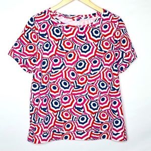 Lands End Short Sleeve Umbrella Graphic Print Top Medium (10-12) Pink Blue White